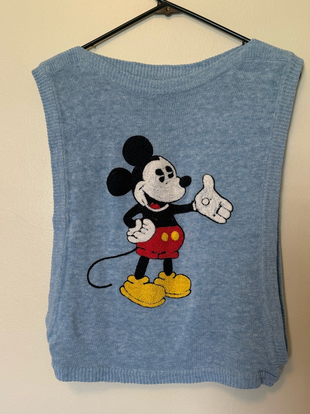 Vintage Disney Blue Knit Mickey Mouse Sweater Vest with Red & Yellow Accents